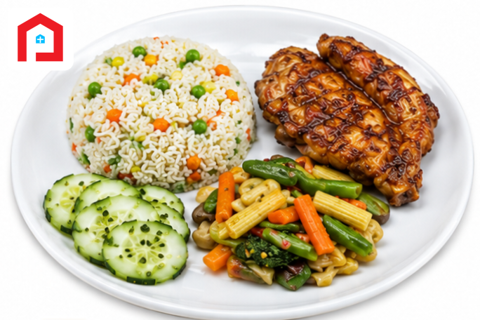 Grill Chicken , Vegetable Fried Rice, Fresh Sauteed Vegetables , Thai Cucumber Salad